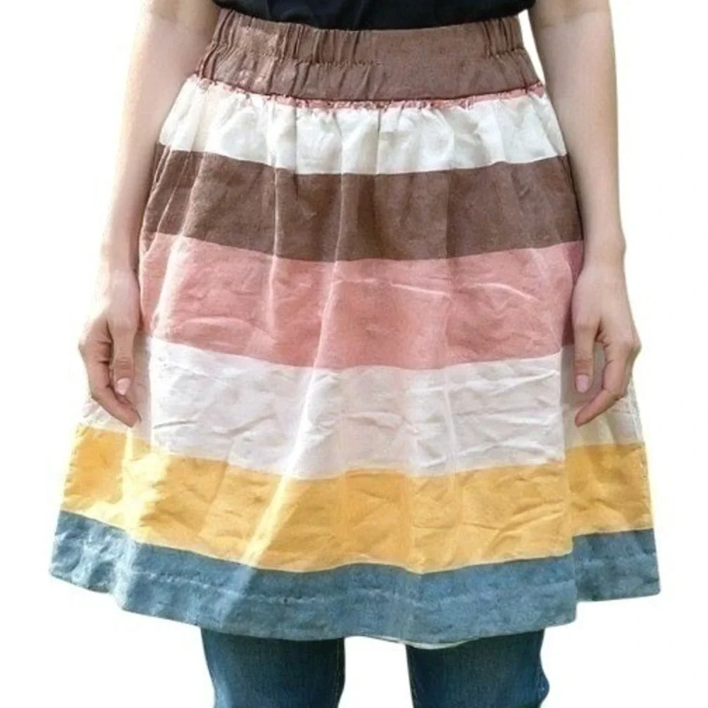 LOFT Womens Linen Blend Striped Mini Skirt Multi Color Elastic Waist Size S